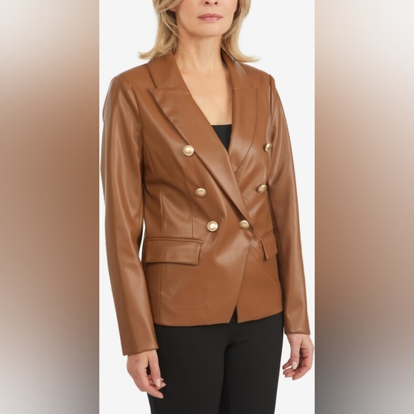 Laundry by Shelli Segal Brown Double Breasted Vegan Faux Leather Blazer - Picture 2 of 6
